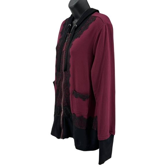 Evy's Tree Hoodie WMNS L The Jacquelin Maroon Black Zip Up Lace Trim Long Sleeve - Picture 3 of 8